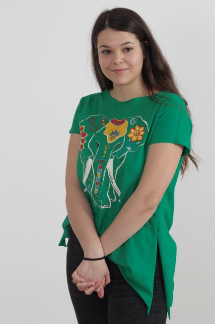 Tricou verde despicat pe lateral, imprimeu elefant