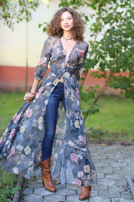 Rochie Lisandra gri cu flori